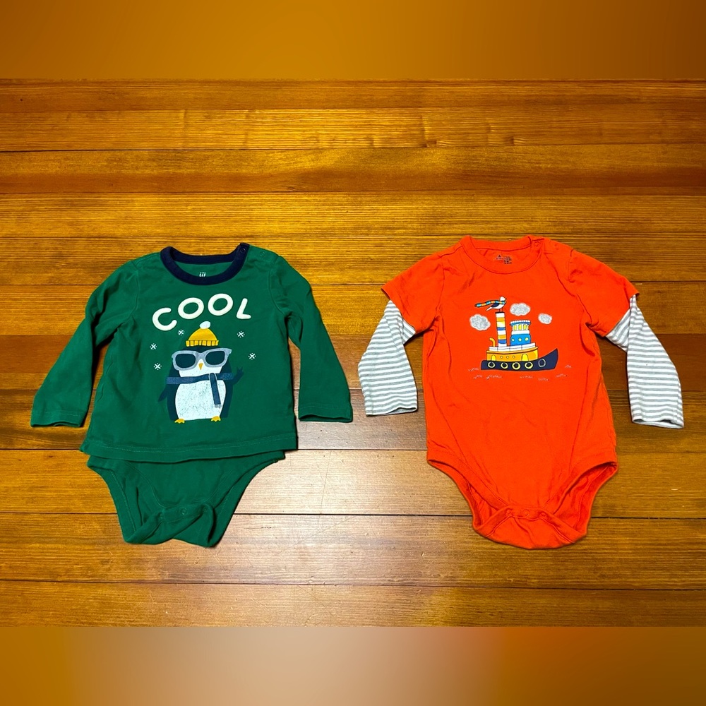 GAP Long Sleeve Cotton Onesies - Green Penguin & Orange Nautical Boats